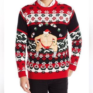 New Blizzard Bay Santa sumo ugly sweater holiday embroidered sushi Christmas S